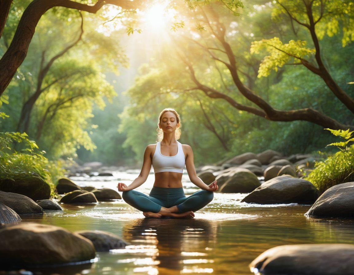 A serene yoga scene depicting a person practicing Antravasana pose surrounded by a tranquil nature setting, with gentle sunlight filtering through lush green trees. The atmosphere is calm and inviting, featuring subtle elements like flowing water nearby and birds gracefully flying in the background. Soft colors to evoke peace and mindfulness. super-realistic. vibrant colors. peaceful ambiance.