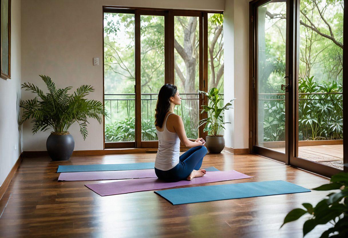 A serene yoga studio with soft natural lighting, showcasing a calm individual practicing Antravasana (the sleeping yoga pose) on a mat surrounded by lush greenery. Include gentle waves of energy visually emanating from the practitioner to symbolize mindfulness and relaxation. Add elements of tranquility like candles or incense sticks to enhance the peaceful atmosphere. soft focus. vibrant colors. pastel palette.